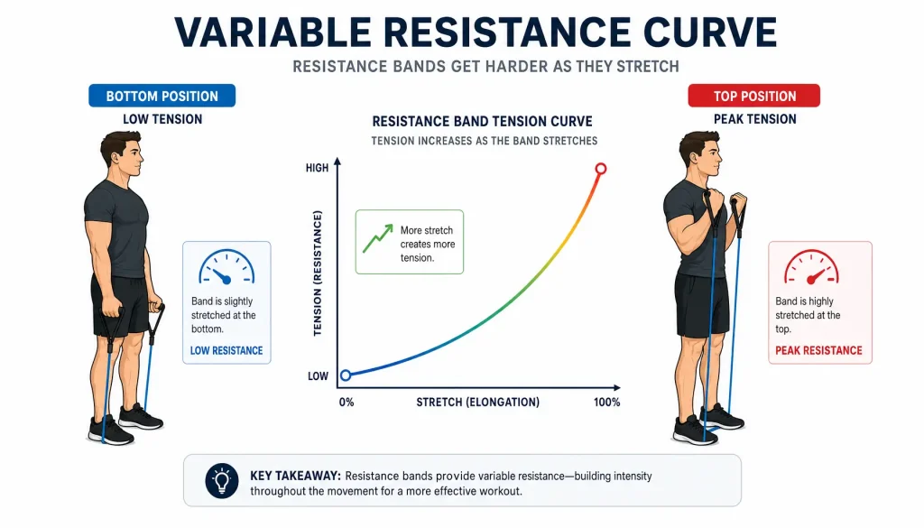Infographic showing how resistance band tension increases dynamically as the band stretches