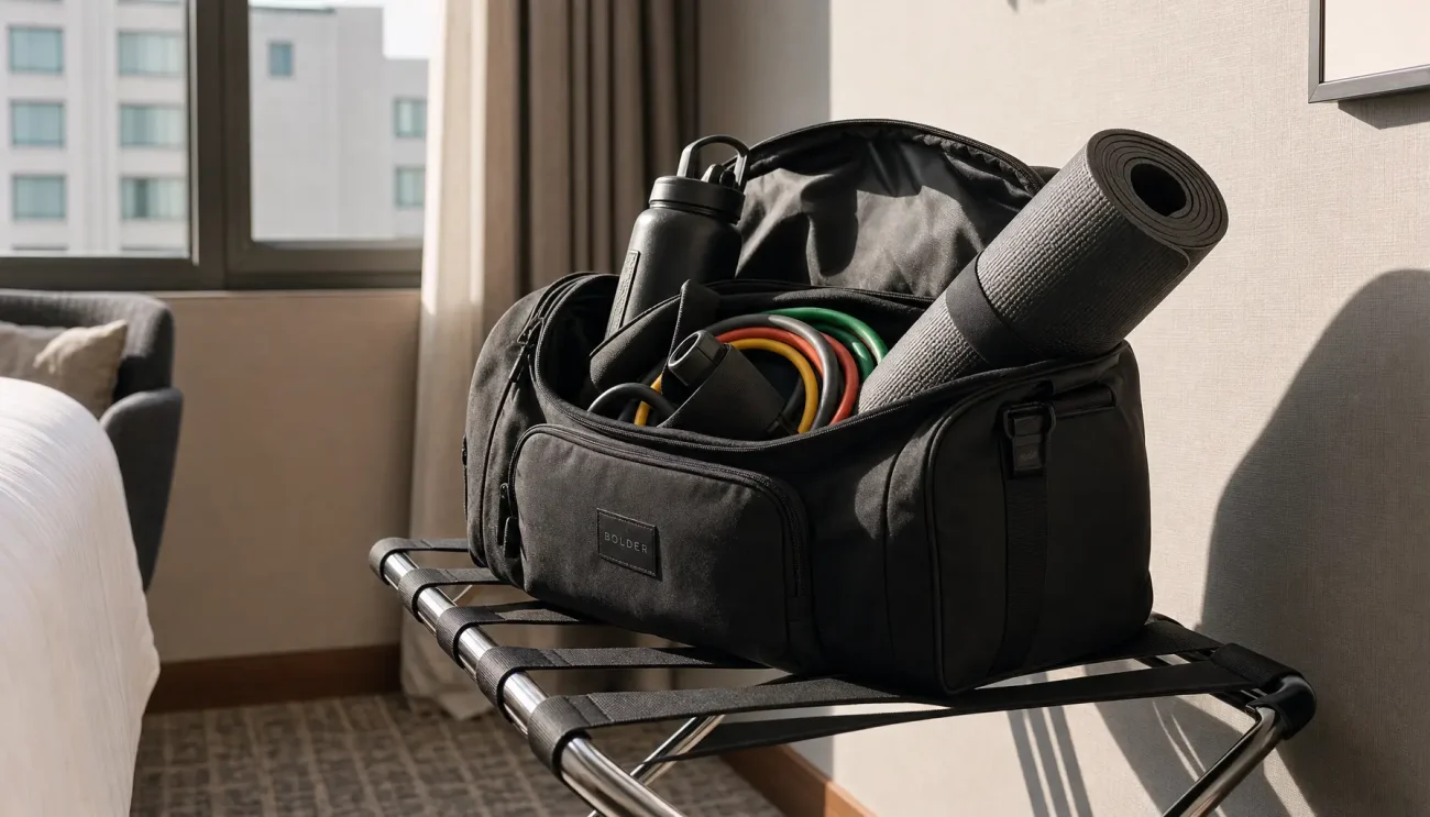 Compact travel fitness kit containing resistance bands and a doorway anchor on a hotel room luggage rack