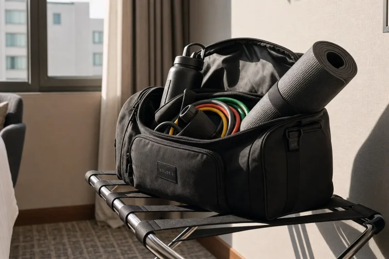 Compact travel fitness kit containing resistance bands and a doorway anchor on a hotel room luggage rack