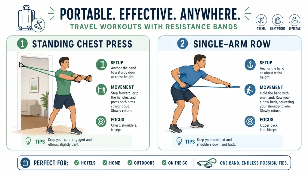 Infographic showing portable travel exercises using resistance bands anchored in a doorway