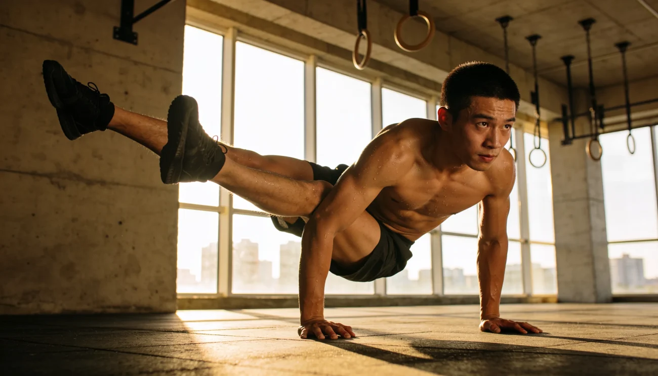 Athlete executing an advanced bodyweight calisthenics drill in a home gym setting