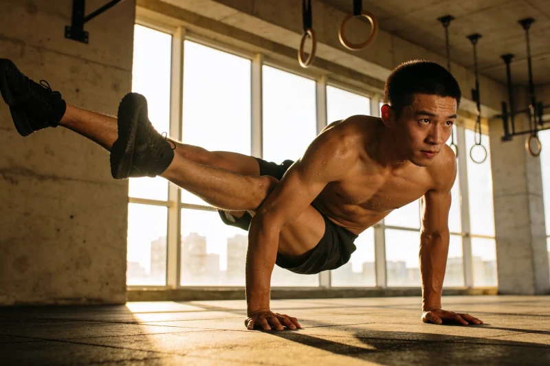 Athlete executing an advanced bodyweight calisthenics drill in a home gym setting