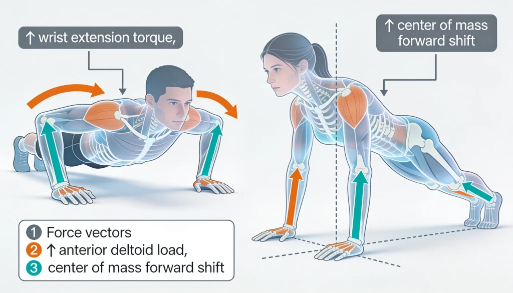 Biomechanical graphic showing leverage changes in bodyweight push-up progressions