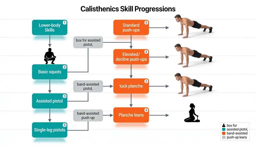Flowchart of bodyweight exercise progressions for advanced athletes