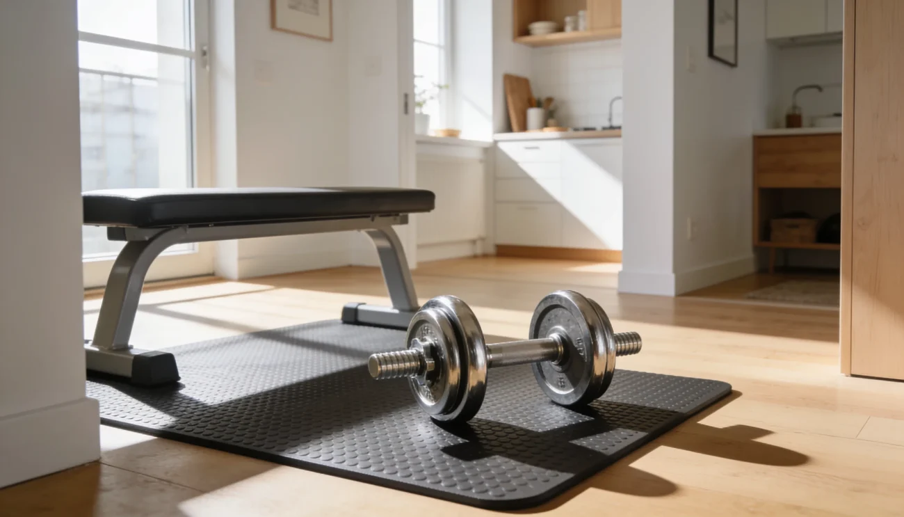 A compact home gym setup with a pair of dumbbells in a small apartment room