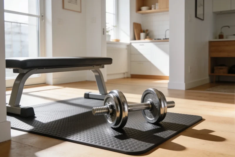 A compact home gym setup with a pair of dumbbells in a small apartment room
