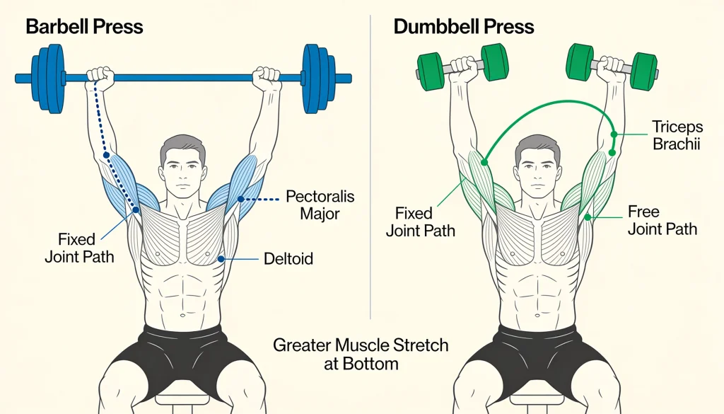 Diagram showing joint angle benefits and increased range of motion from dumbbell training