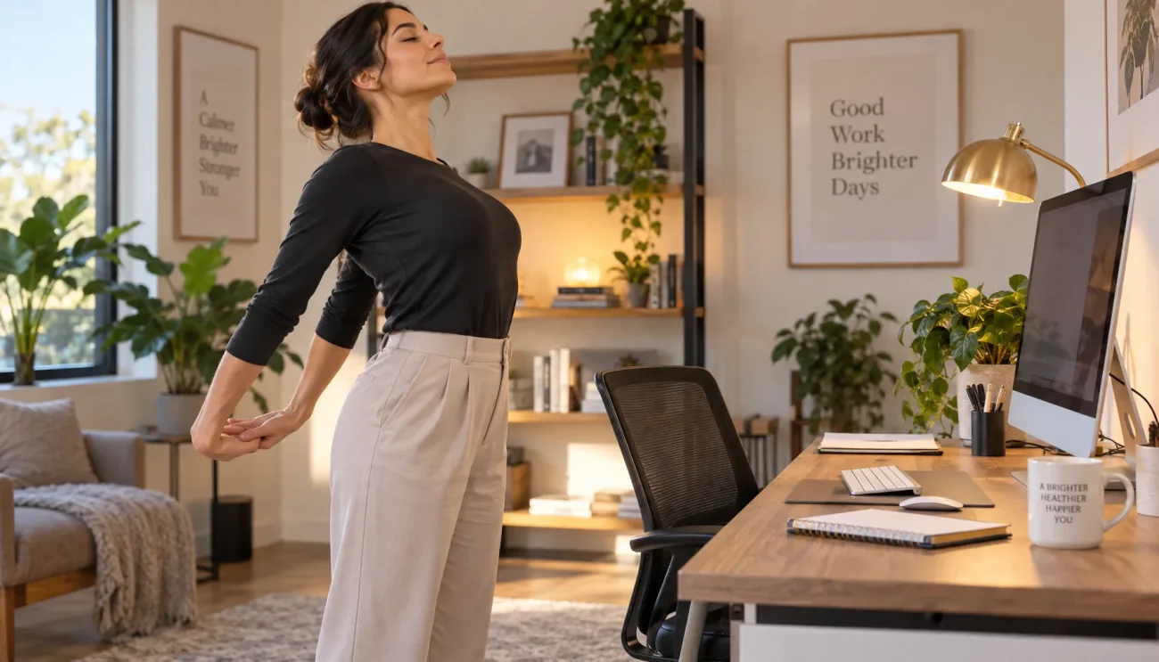 Professional doing a thoracic spine posture stretch next to an office desk