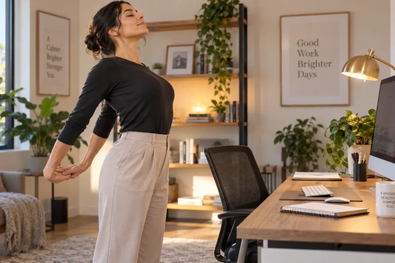 Professional doing a thoracic spine posture stretch next to an office desk