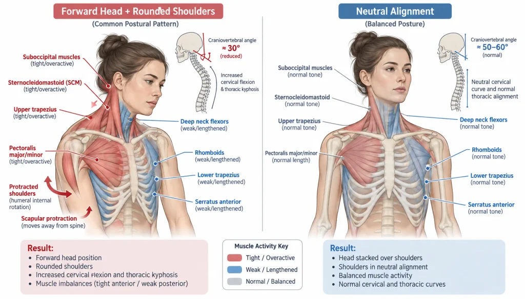 Anatomy diagram showing the muscular imbalances caused by tech-neck posture